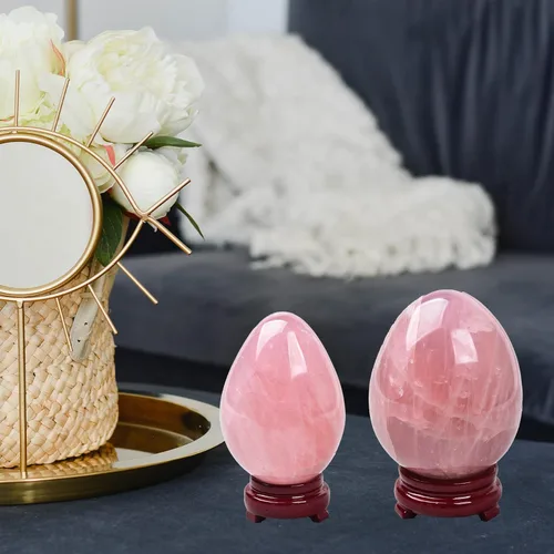 Miniatura 5 de AMOYSTONE Huevo de cristal de cuarzo rosa natural grande para curación y práctica de reiki, piedra de decoración del hogar con base, 3-3.5 pulgadas