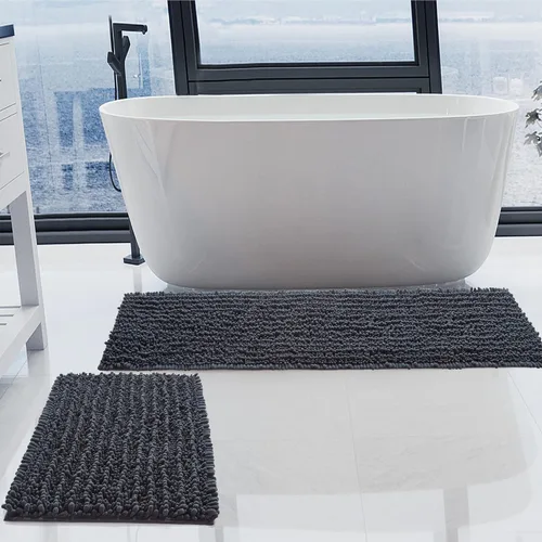 Miniatura 26 de Juego de 2 alfombras de baño de felpilla de lujo, parte inferior de goma termofusible gruesa, antideslizantes, alfombras de baño de secado rápido