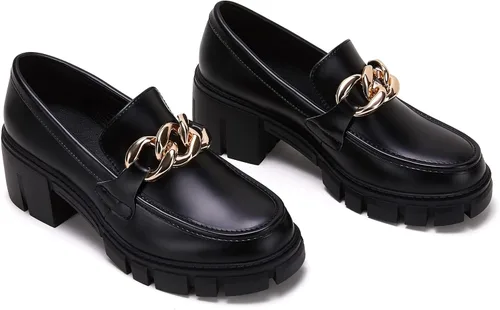 Miniatura 5 de TINSTREE - Mocasines de plataforma para mujer, con detalle de cadena, cómodos, tacón grueso, punta redonda, zapatos para trabajo y negocios