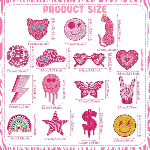 Miniatura 3 de Siifert 15 piezas de llavero de pintura de diamante de preppy kit de pintura de diamante rosa, llavero de cara sonriente de leopardo rosa, lindos