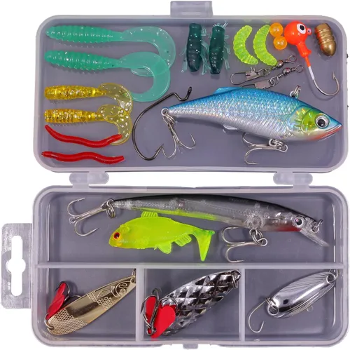 Miniatura 9 de Kit de señuelos de pesca de agua dulce, aparejos de pesca. Caja de aparejos que incluye cebos tipo crankbait, señuelos de superficie, jigs, cucharas
