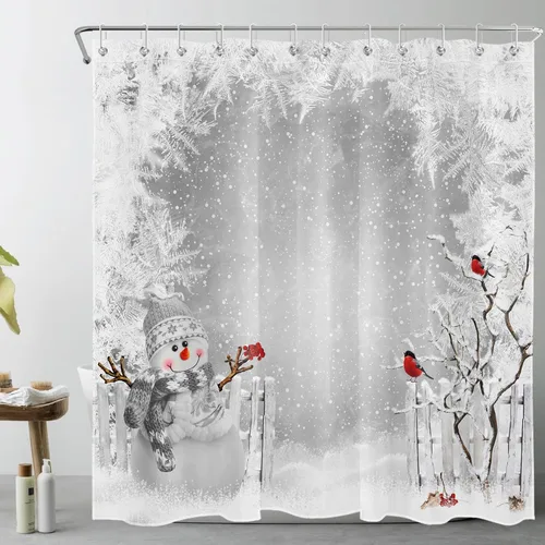 Miniatura 11 de Cortina de ducha de Navidad de invierno, lindo muñeco de nieve y cardenales en campo de nieve, cortina de ducha gris con escena de nieve para baño