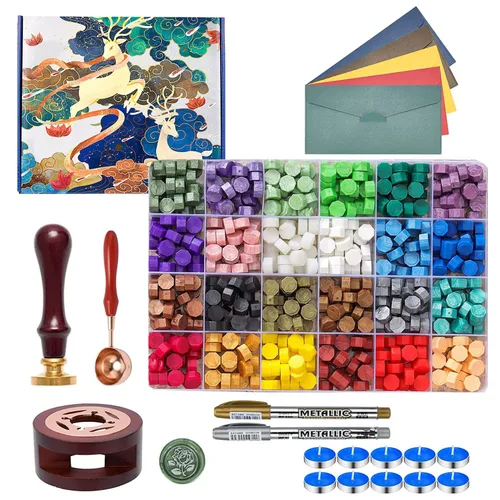 Kit de sellos de cera – 630 cuentas de cera, caja de regalo, calentador, bolígrafos metálicos, sobres, juego de sellos para regalos y decoración