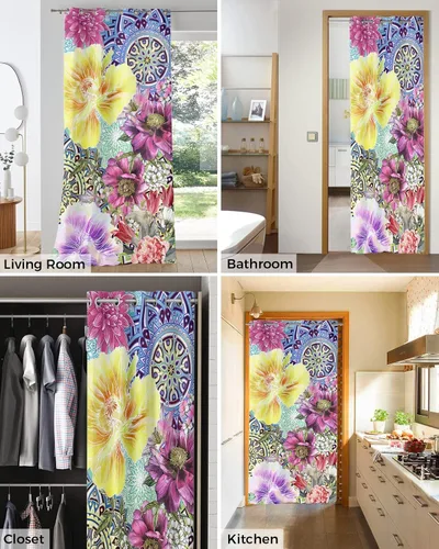 Miniatura 4 de Cortina opaca bohemia para puerta de 80 pulgadas de largo para dormitorio, con aislamiento térmico, ojales, cortinas opacas con mandala, orquídea
