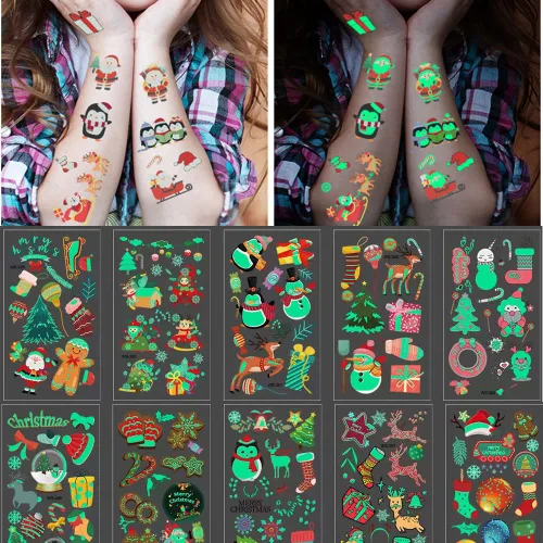 Miniatura 5 de Tatuajes de Navidad para niños, tatuajes temporales luminosos, 400 calcomanías impermeables de Navidad, tatuajes falsos que brillan en la oscuridad