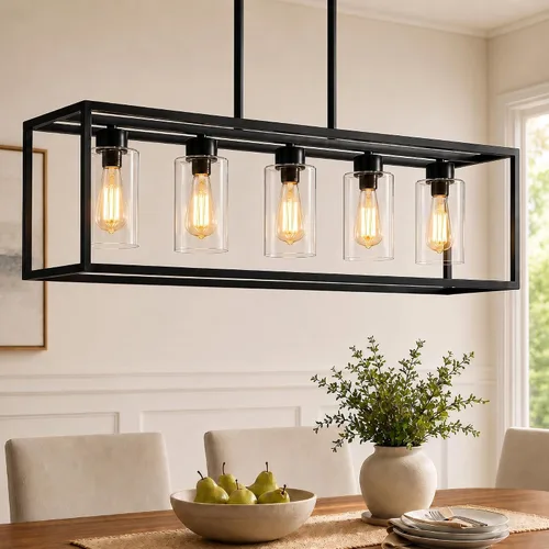Lámpara de comedor negra de 5 luces, candelabros modernos de granja, iluminación rectangular lineal para isla de cocina, iluminación colgante