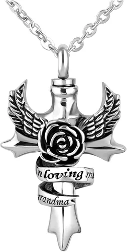 Collar de urna con cruz de ala de ángel In Loving Memory para mamá, papá, abuela, cenizas humanas, miembros de la familia, recuerdo conmemorativo,
