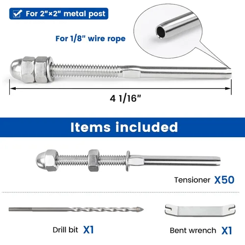 Miniatura 8 de Muzata Paquete de 10 accesorios de barandilla de cable negro de 1/8 pulgadas, tensor roscado a mano para poste de metal de 2 x 2 pulgadas, sistema