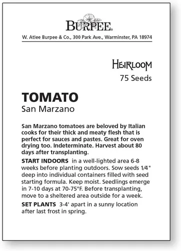 Miniatura 5 de Burpee "San Marzano" Heirloom, Tomate para pasta, 75 semillas no transgénicas reliquia de San Marzano