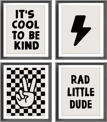 Miniatura 5 de Cartel de mano retro a cuadros negros y blancos preppy relámpago de la paz para decoración de habitación de niños, decoración divertida de Rad