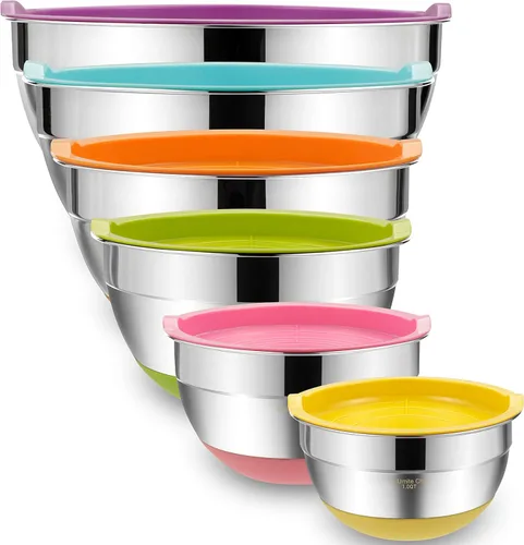 Umite Chef Cuencos para mezclar con tapas herméticas, 6 cuencos de metal de acero inoxidable, marcas de medición y coloridos fondos antideslizantes,