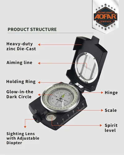 Miniatura 2 de AOFAR Military Compass,AF-4580 Lensatic Sighting, Waterproof and Shakeproof with Map Measurer Distance Calculator, Pouch for Camping, Hiking Negro