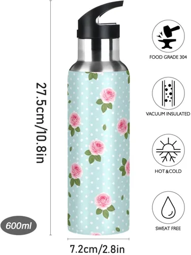 Miniatura 9 de Pink Roses Blue Insulated Water Bottle 20 Oz Leakproof Water Bottles, BPA-Free Sport Water Bottle Insulated