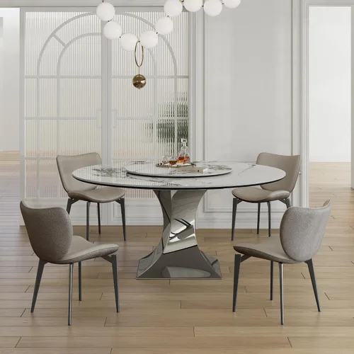 Miniatura 6 de Mesa de comedor redonda, mesa de comedor de piedra sinterizada blanca, base moderna de acero inoxidable sólido