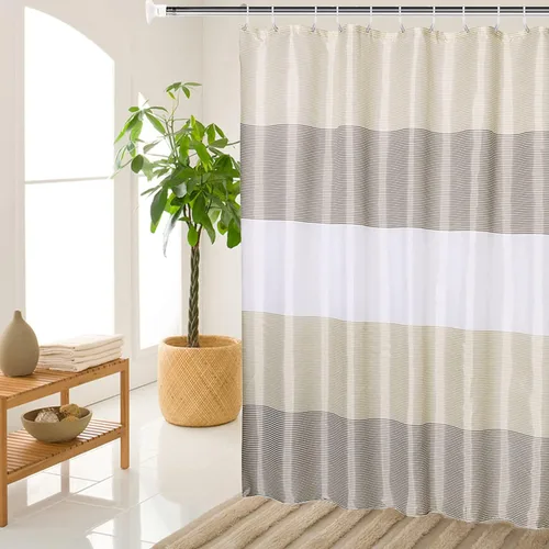 Cortina de ducha para cabina color canela para baño, juego de tela a rayas neutras doradas, marrones y blancas con 6 ganchos, 36" An×72" Al pulgadas