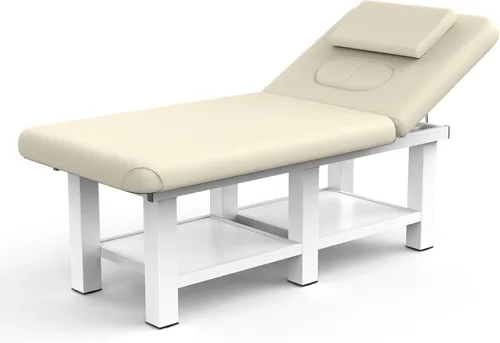 Mesa de masaje estacionaria ancha y gris beige con respaldo para mesa de tratamiento, mesa de terapia física, cama facial de spa, marco de metal,