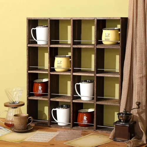 Miniatura 7 de Kigley Estante de exhibición de taza de café de gran tamaño con 16 ranuras de madera para montar en la pared, caja de sombras Curio, estante