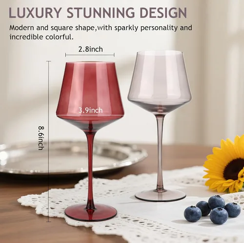 Miniatura 2 de Juego de 6 copas de vino de colores, grandes copas de vino de cristal soplado a mano de 16 onzas, copas de vino coloridas con tallo, rojo y blanco