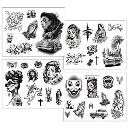 Miniatura 3 de Los Vatos Chicano Vol. II - Cholo y Chola Tatuajes Temporales Para Hombres Mujeres, Payasa, Lowrider, Virgen María, Oración, Cruz, Chicana
