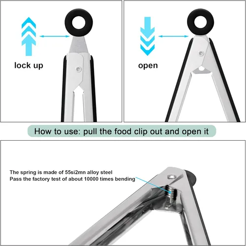 Miniatura 6 de Juego de pinzas de cocina de acero inoxidable 4 en 1 para cocinar con puntas de silicona, tostadora de bistec, pizza, pasta, espagueti, fideos, Negro
