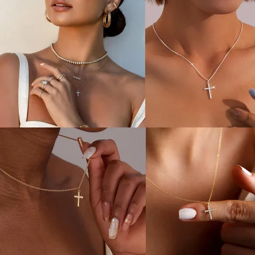 Miniatura 21 de Collar de cruz para mujeres y niñas, delicado chapado en oro de 14 quilates, gargantilla con dije de cruz que no se deslustra, impermeable, moderno