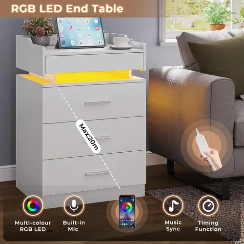 Miniatura 4 de HAUOMS Mesita de noche grande con estación de carga y luz LED, mesa auxiliar con 3 cajones y estante extraíble, mesita de noche con puertos USB
