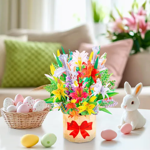 Miniatura 2 de GREETING ART Tarjeta desplegable de Pascua, diseño de ramo de conejo de cruz de lirio colorido 3D, tarjetas de felicitación de ramo de Pascua 3D