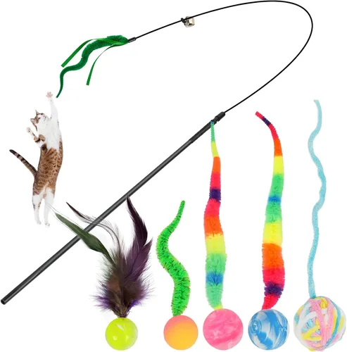 Miniatura 9 de SHENGSEN Juguete de varita de plumas para gatos, pelota inflable con cola para gatos, gusano mágico con juguete de bola grande y colorida