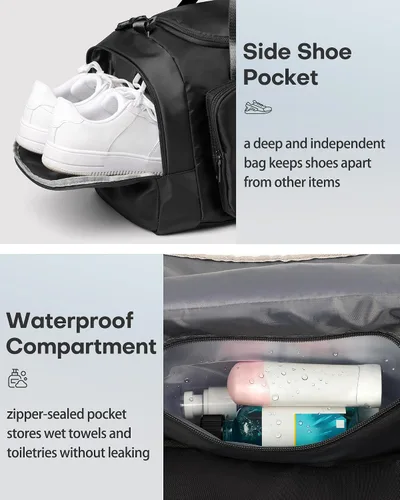 Miniatura 4 de HOTOR Bolsas de gimnasio para hombres y mujeres Bolsa de lona espaciosa con compartimento para zapatos y bolsillo húmedo, bolsa de mano para fin