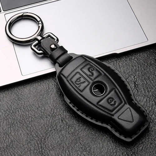 Miniatura 3 de Tukellen Funda para llavero Mercedes Benz de piel auténtica con llavero, protector de cuero compatible con C E M S CLS CLK GLK GLC G AMG Series Negro
