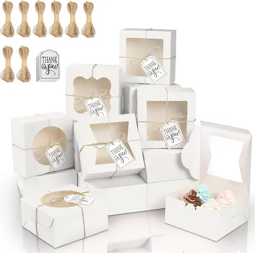 Miniatura 11 de KPOSIYA 65 cajas de panadería con ventana de 6 x 6 x 3 pulgadas, cajas de galletas de 5 estilos, cajas pequeñas de pastelería para dulces, postres