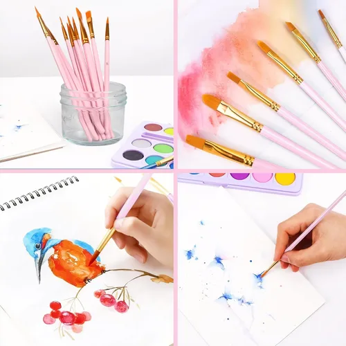 Miniatura 7 de AROIC Pinceles de pintura acrílica, 6 paquetes/60 piezas, juego de pinceles de nailon para pintura al óleo para acuarela, kits profesionales de Rosa