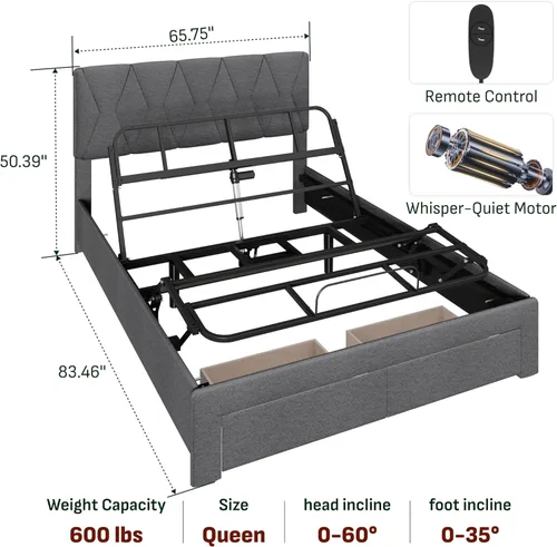 Miniatura 2 de Estructura de cama Queen todo en uno ajustable de Softa con cabecera tapizada y 2 cajones de almacenamiento, cama eléctrica con control remoto