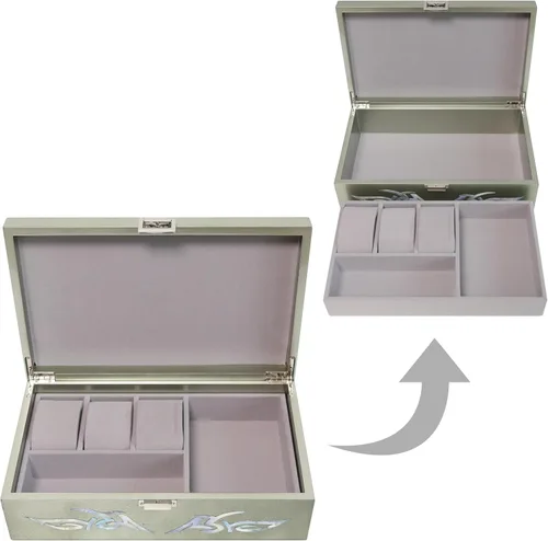 Miniatura 7 de MADDesign Mother of Pearl Caja de reloj, organizador de joyas, almacenamiento diario, diseño tribal de dragón (plata metálica)