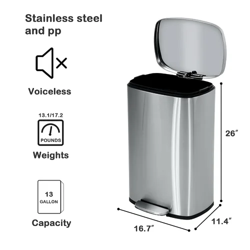 Miniatura 6 de Cubo de basura de acero inoxidable de 13 galones con cubo interior extraíble y tapa silenciosa, cubo de basura para oficina, cocina, papelera, cubo