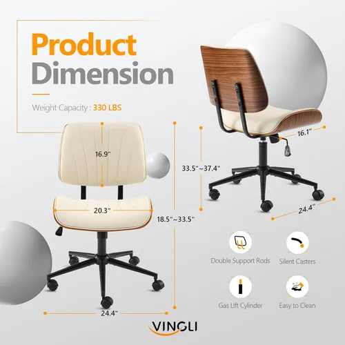 Miniatura 2 de VINGLI Silla de oficina para el hogar con asiento y respaldo curvos anchos sin brazos, silla de escritorio ergonómica con altura ajustable, función