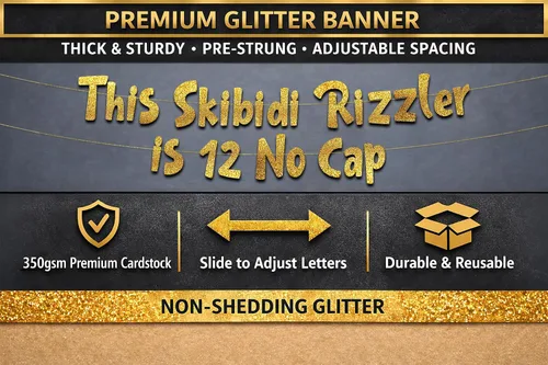 Miniatura 3 de Cartel con purpurina dorada con texto en inglés "This Skibidi Rizzler is 13" sin tapa, divertidas decoraciones de cumpleaños número 13