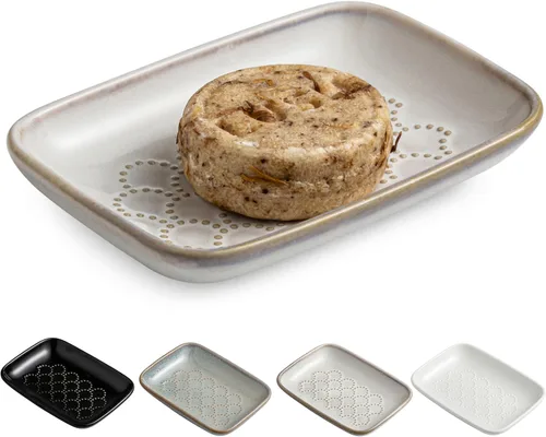 Miniatura 10 de Gomakren Jabonera para ducha, soporte de cerámica para jabón con diseño de panal, bandeja ahorradora de jabón para fregadero de cocina y baño, Beige