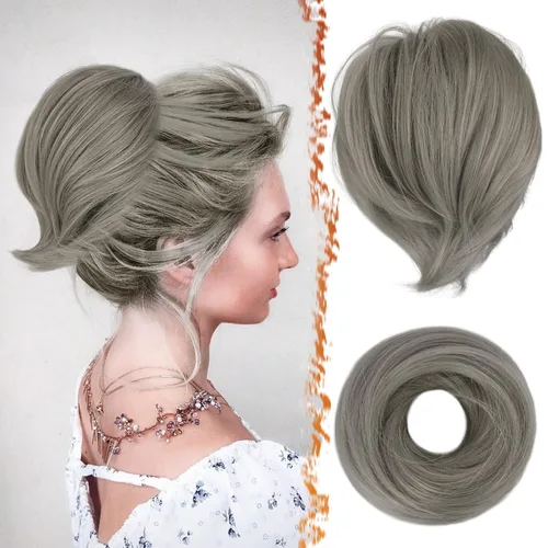 Miniatura 14 de BARSDAR Extensión de cola de caballo y moño de pelo de cobre, extensiones de moño corto sintético liso elástico para mujer, moños desordenados
