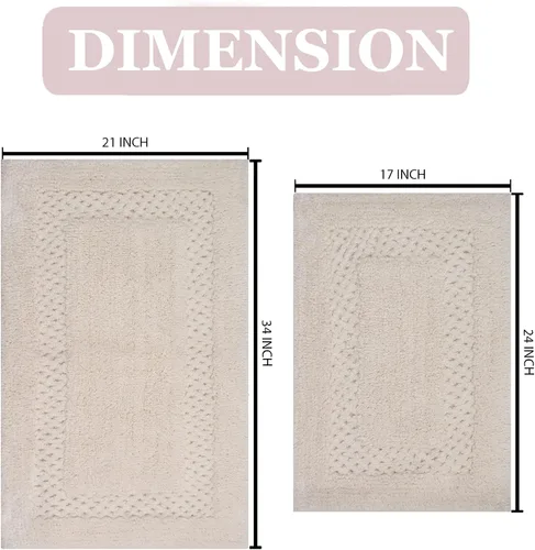 Miniatura 2 de Home Weavers Elegantes alfombras de baño 100% algodón, lavables, extrasuaves y absorbentes, antideslizantes, juego de 2 piezas (S+M), color marfil
