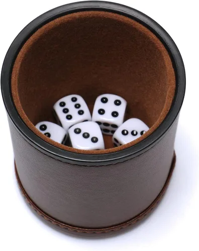 Miniatura 6 de Juego de copa de dados de cuero con forro de fieltro, agitador silencioso con 5 dados de puntos para juegos Farkle Yahtzee, marrón