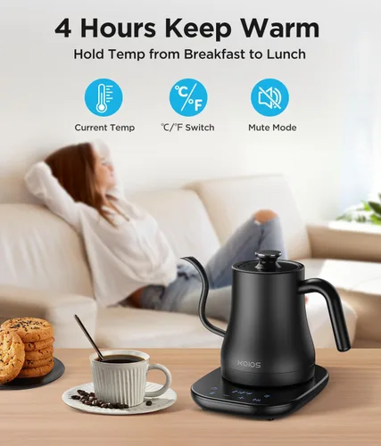 Miniatura 3 de KOIOS Hervidor eléctrico de cuello de cisne con control de temperatura de ± 1 ℉ y modo de silencio, 0.8 litros para café y té, caldera de agua