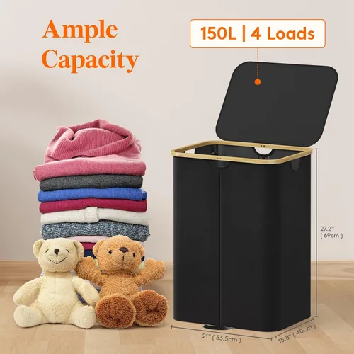 Miniatura 2 de Lifewit - Cesto de lavandería doble de 150L con tapa, canastas grandes para la ropa con bolsas extraíbles, 2 secciones, cestos estéticos