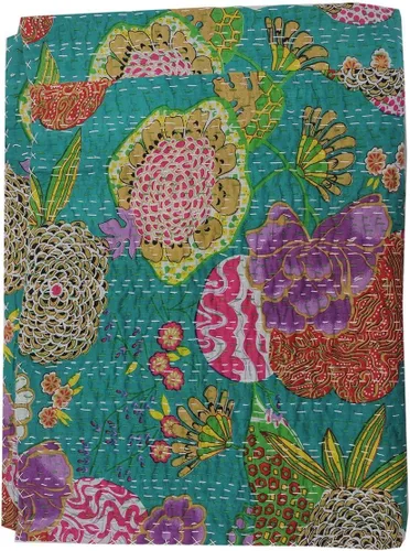 Miniatura 53 de Sophia-Art Colcha reversible de frutas indias para cama individual/king con patrón Gudri de algodón puro estilo Kantha, colcha decorativa con Rosa
