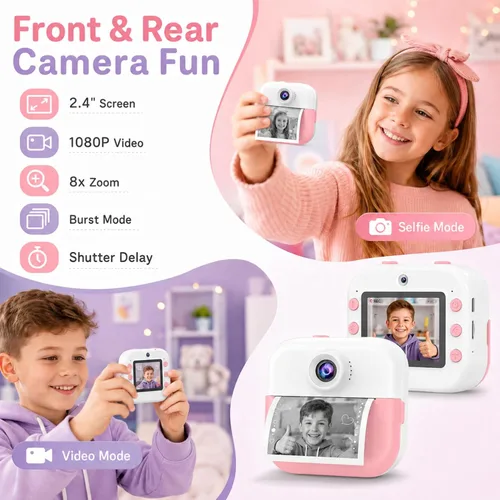 Miniatura 3 de Cámara selfie para niños con impresión instantánea frontal y trasera, regalos de Navidad y cumpleaños para niñas de 3 a 12 años, juguetes portátiles