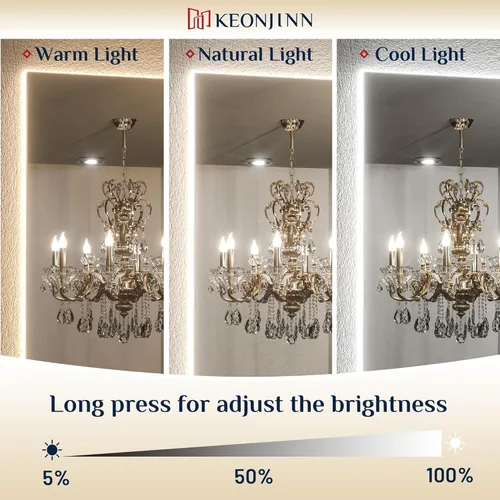 Miniatura 3 de Keonjinn - Espejo de 48x30 pulg retroiluminado LED para baño/tocador, luz de 3 colores ajustables blanca/cálida/natural, lúmenes altos, montaje