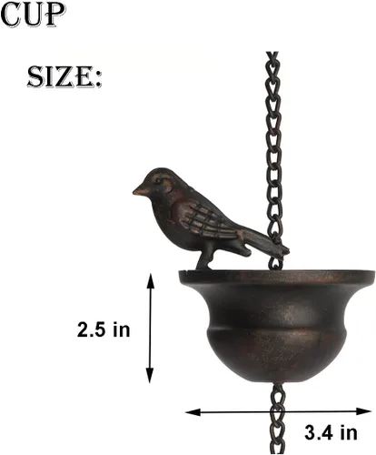Miniatura 6 de Jemeni Cadena de lluvia de 5.5 pies con 8 pájaros en copas, cadena de canalón de metal de bronce oscuro, fácil de instalar con colgador adjunto