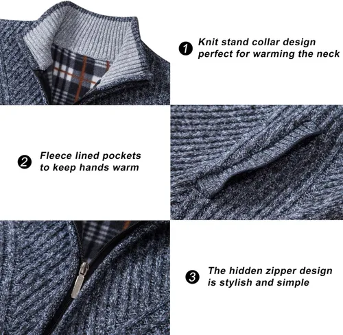 Miniatura 19 de VtuAOL Suéteres tipo cárdigan para hombre, con cremallera completa, cuello alto, cárdigan de punto casual con bolsillos