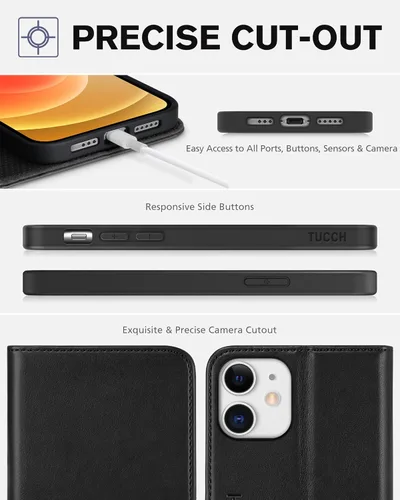 Miniatura 8 de TUCCH Funda tipo cartera para iPhone 12 Pro/iPhone 12 5G, piel sintética de alta calidad, con ranura para tarjetas, diseño de libro con soporte Negro