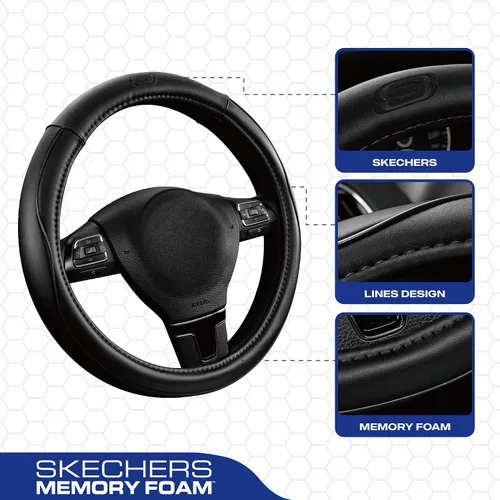 Miniatura 2 de Skechers Funda de volante de espuma viscoelástica, Funda de volante de microfibra con ribete y cuero deportivo de ajuste universal de 14" 1/2-15